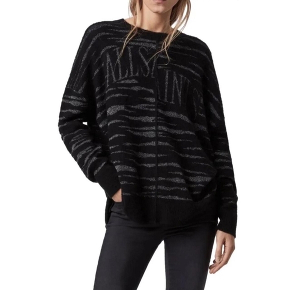 Women's ALL SAINTS Split Logo Black & Silver Tiger Striped Sweater XS Oversized - Picture 2 of 10